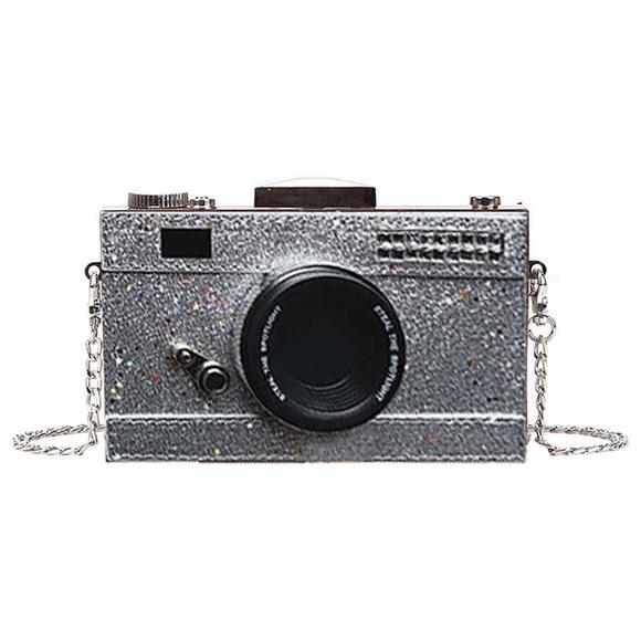 Glitter Pu Camera Shaped Snapshot Casual Crossbody Shoulder Handbag :] - Picture 1 of 6